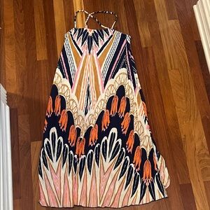 Anthropologie Navy and Coral Patterned Dress